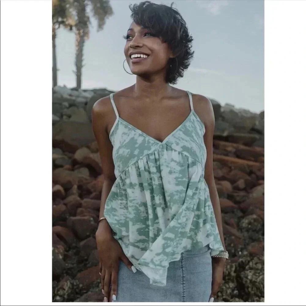 Sage Tie Dye Babydoll Top | Boho Summer Tank | Waffle Knit Cami